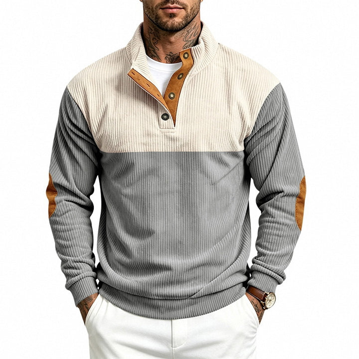 Herren Gerippter Stehkragen-Pullover mit Knopfleiste, Kontrastblende und Ellbogen-Patches Drune