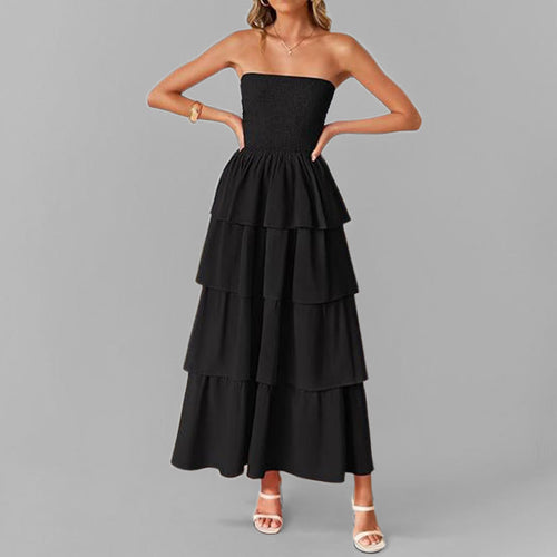 Damen Maxikleid mit schulterfreiem Design und voluminösem Stufenrock Drune