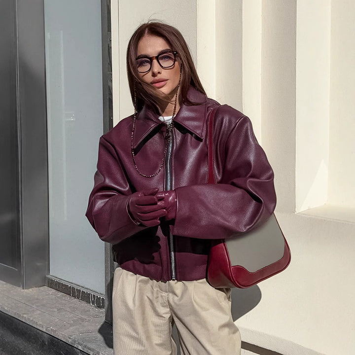 Damen Kurze Oversize Kunstlederjacke mit Hemdkragen und elastischem Saum Drune