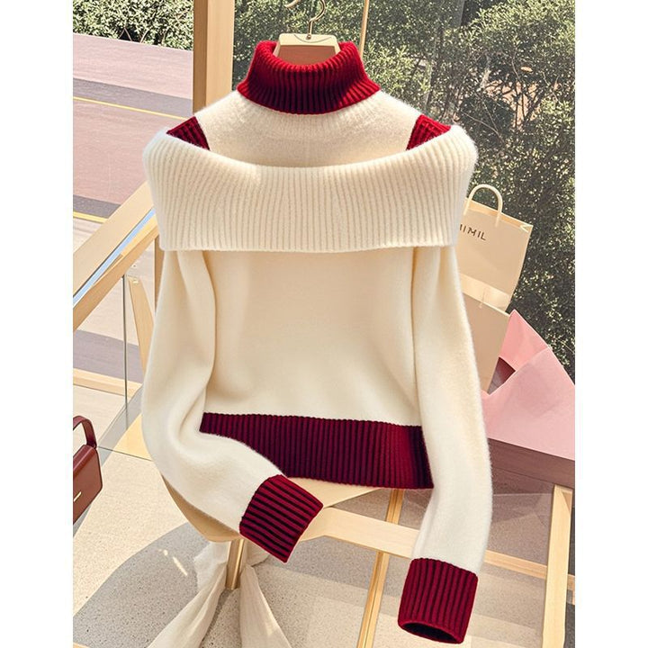 Damen Pullover mit weitem Stehkragen und dekorativem Farbkontrast Drune