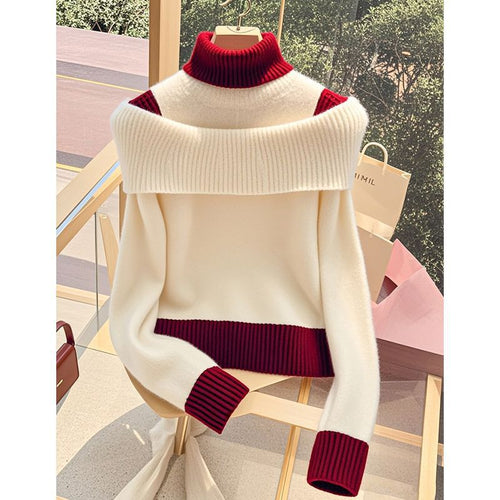 Damen Pullover mit weitem Stehkragen und dekorativem Farbkontrast Drune