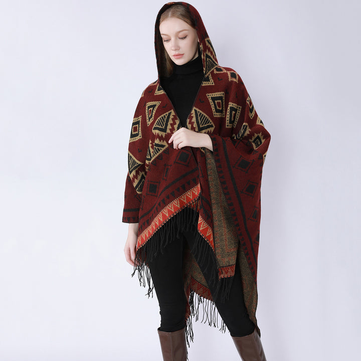 Damen Zweilagiger Kapuzen-Überwurf mit asymmetrischem Fransensaum und geometrischem Jacquard Drune