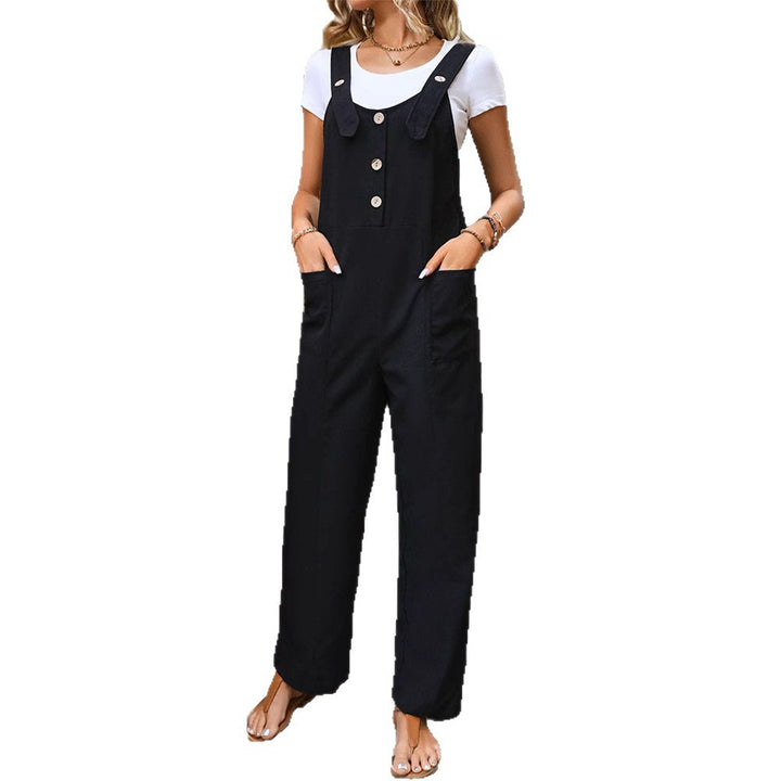 Damen Weichfallender Latz-Jumpsuit mit weitem Bein und Holzknopf‑Verschluss Drune