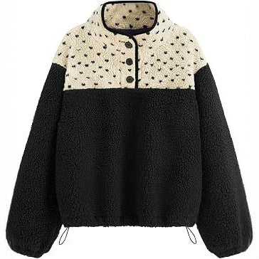 Damen Teddy-Fleece-Pullover mit Stehkragen, Druckknopfverschluss und Kordelzug Drune