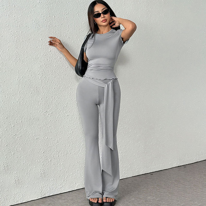 Damen elegantes Set aus figurbetontem Oberteil und ausgestellten Hosen Drune