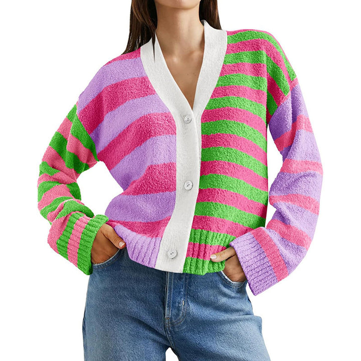Damen lockerer gestreifter Frottee-Cardigan mit V-Ausschnitt und Knopfleiste Drune