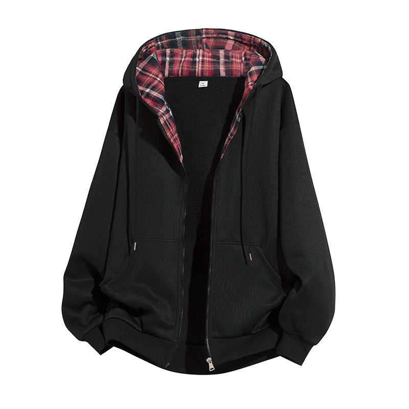 Herren Kapuzenjacke mit Teddy‑Fleece‑Futter und kariertem Kapuzeninnenfutter, durchgehendem Reißverschluss Drune