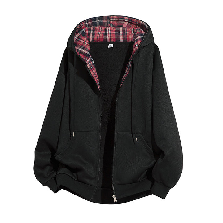 Herren Kapuzenjacke mit Teddy‑Fleece‑Futter und kariertem Kapuzeninnenfutter, durchgehendem Reißverschluss Drune