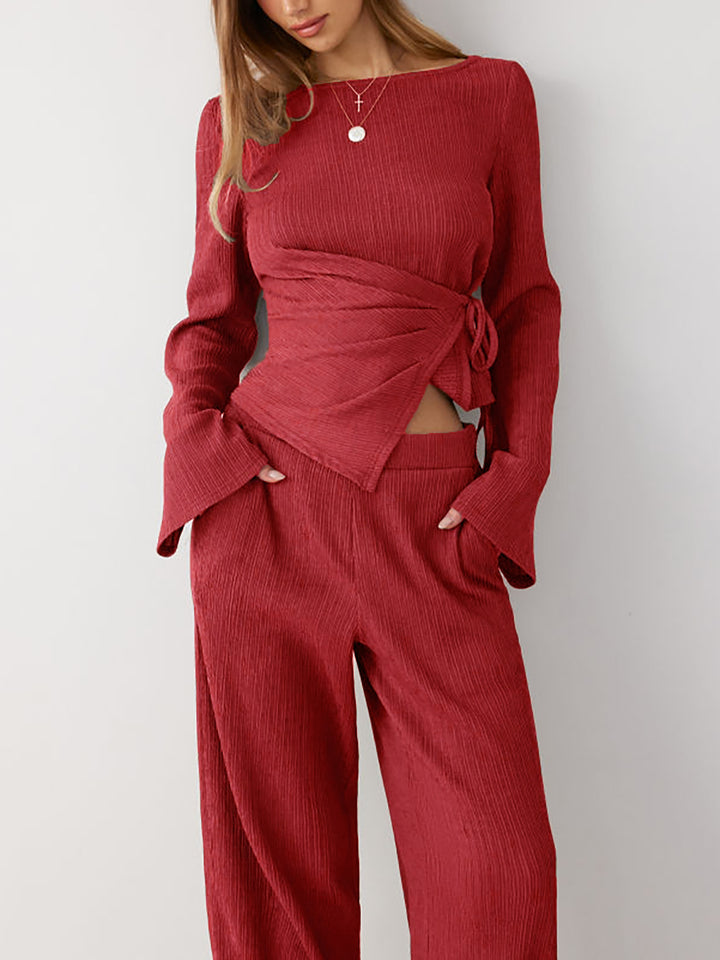 Damen Zweiteiliges geripptes Lounge-Set mit Wickeloberteil und weiter Hose Drune