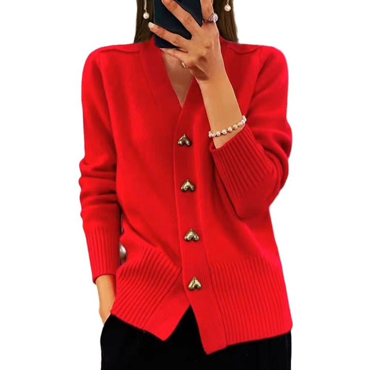 Damen kuschelige Strickjacke mit Herzknöpfen und V-Ausschnitt Drune