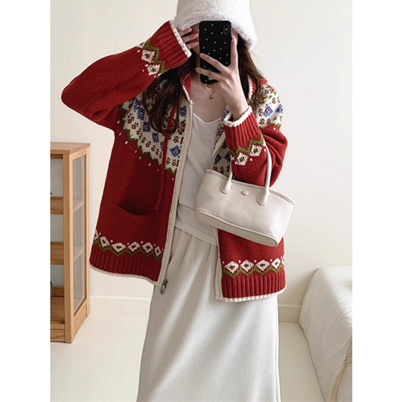 Damen Hübsche Strickjacke mit farbenfrohem Muster und Taschen Drune
