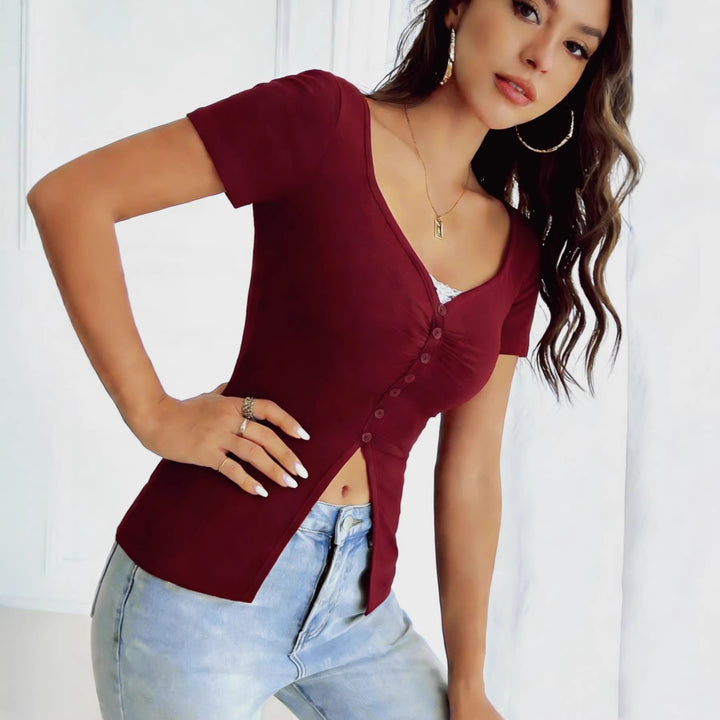 Damen figurbetontes Kurzarmshirt mit Knopfleiste Drune