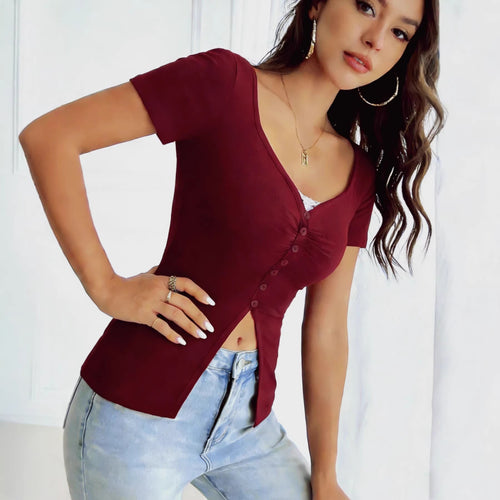 Damen figurbetontes Kurzarmshirt mit Knopfleiste Drune
