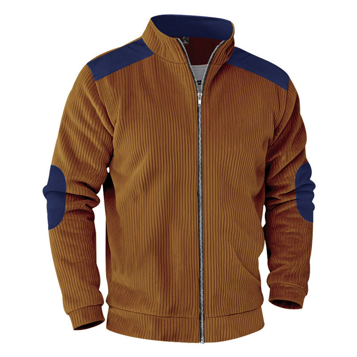 Herren nan gerippte Stehkragen-Sweatjacke mit durchgehendem Reißverschluss, Schulter- und Ellbogen-Patches Drune