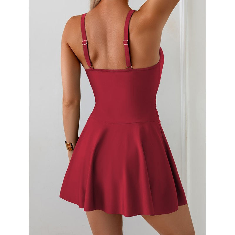 Damen eleganter einteiliger Badeanzug mit durchsichtigen Einsätzen und seitlichem Rock Drune