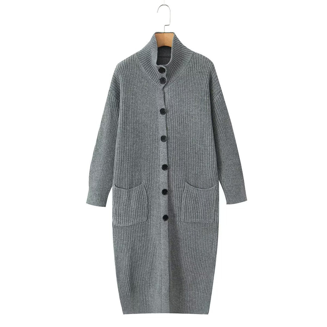 Damen Langer Grobstrick-Cardigan mit Schalkragen, Knopfleiste und aufgesetzten Taschen Drune
