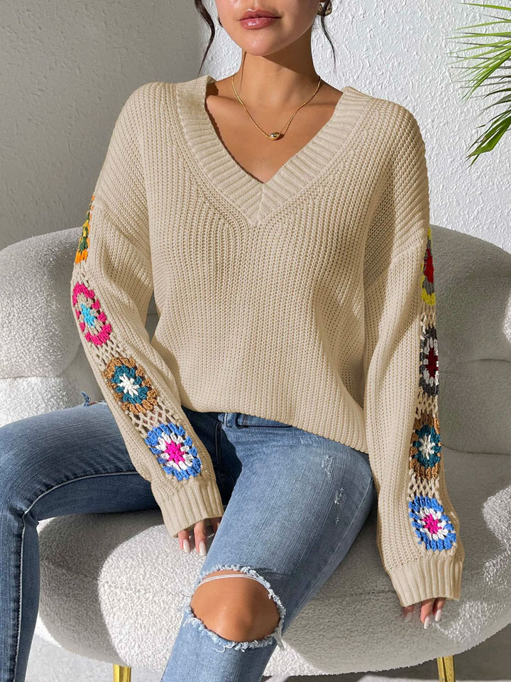 Damen Modischer Strickpullover mit V-Ausschnitt und bunten Stickereien