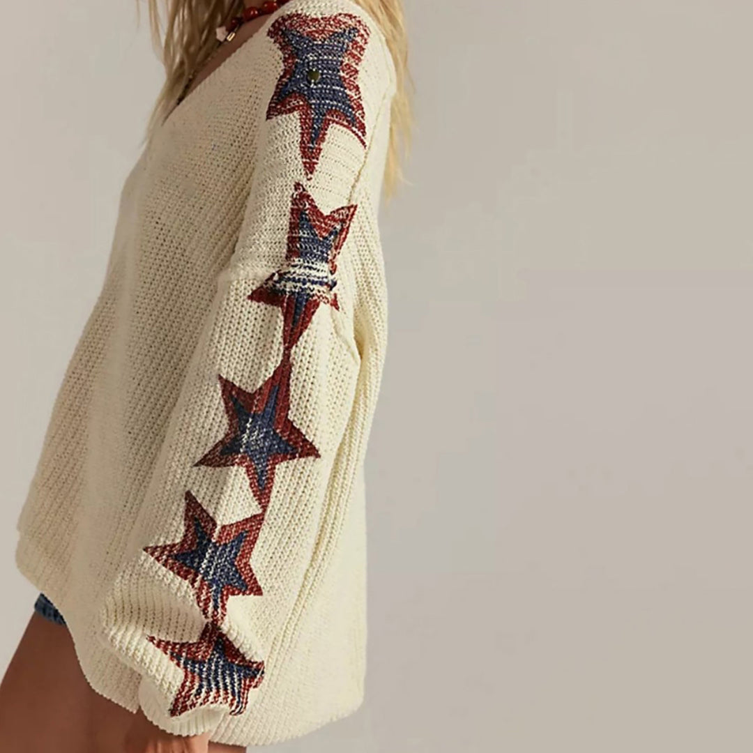 Damen Oversize-Strickpullover mit V-Ausschnitt und Sternmotiven Drune