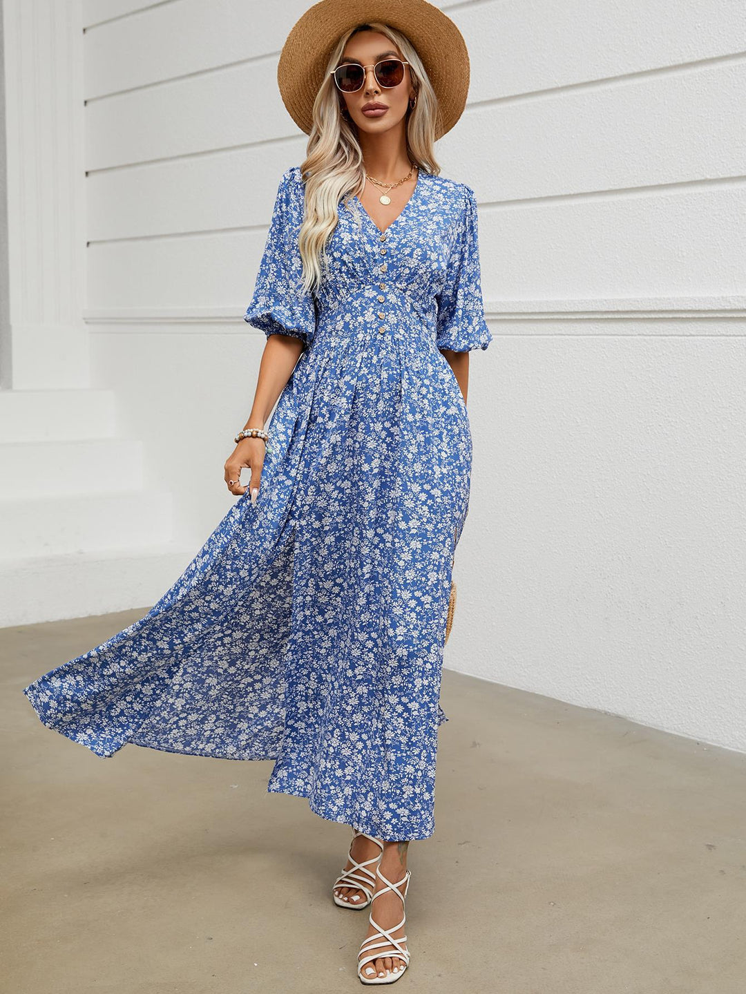 Damen Maxikleid mit floralem Design und knöpfigem Ausschnitt Drune