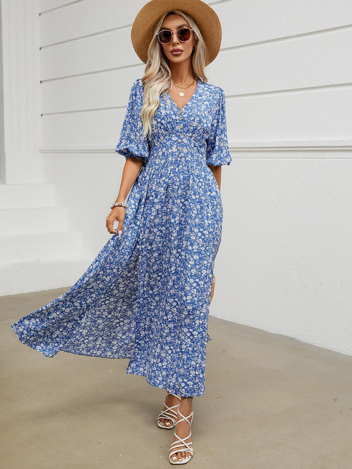 Damen Maxikleid mit floralem Design und knöpfigem Ausschnitt Drune