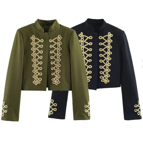Damen Cropped Militärjacke mit Stehkragen und dekorativen Zierkordeln Drune