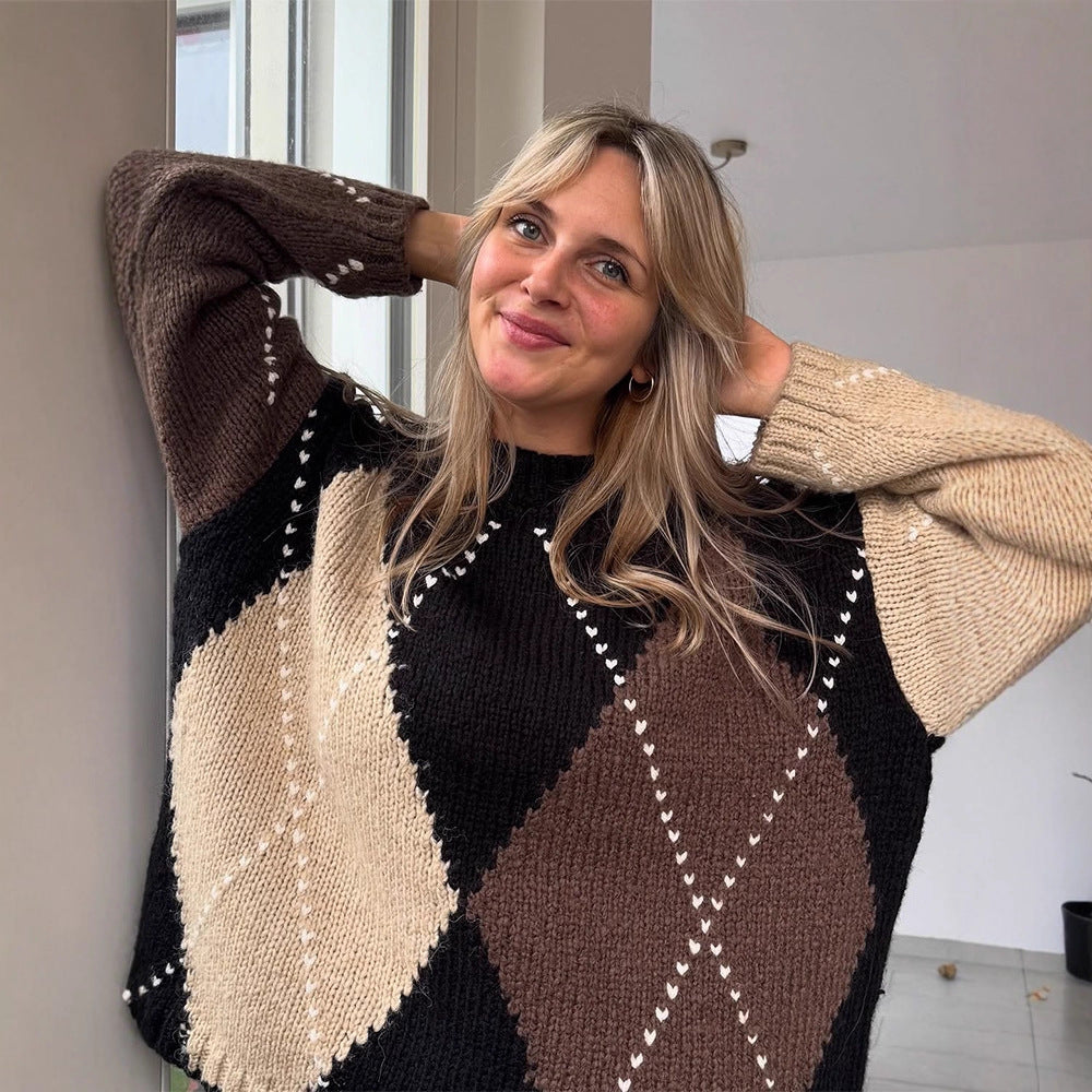 Damen Grobgestrickter Oversize-Pullover mit Rautenstrickmuster Drune