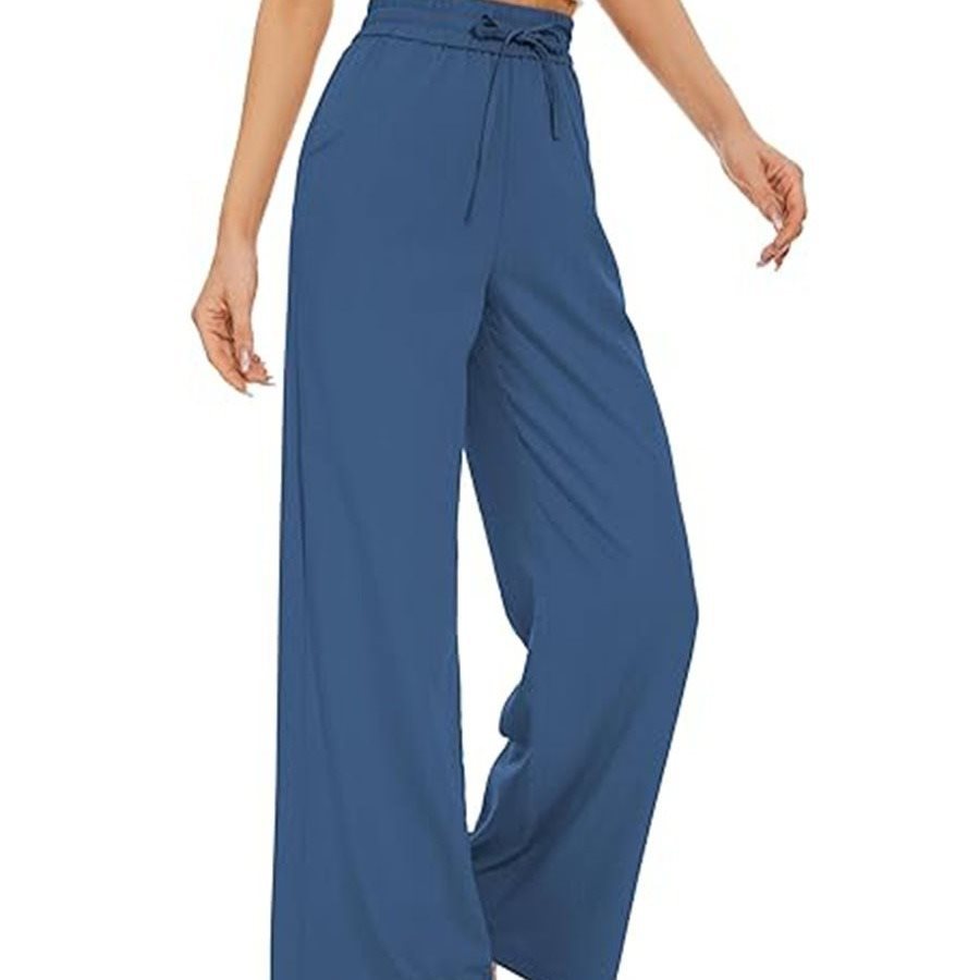 Damen Weite Leinenhose mit hohem elastischem Bund, Kordelzug und Eingrifftaschen Drune