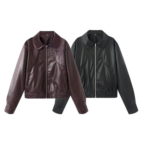 Damen Kunstlederjacke im lässigen Biker-Stil mit praktischen Taschen und elastischem Bund Drune