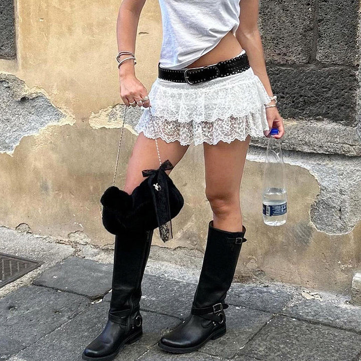 Damen romantischer Spitzenrock mit Rüschendetails und Satinband Drune