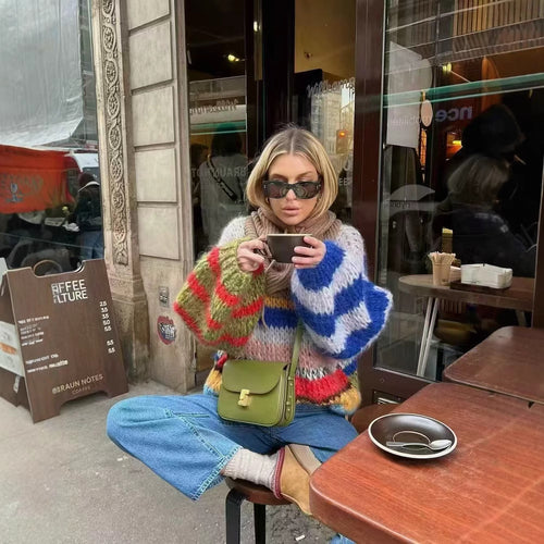 Damen Oversize-Strickpullover aus Mohairmix mit voluminösen Ballonärmeln und Blockstreifen Drune