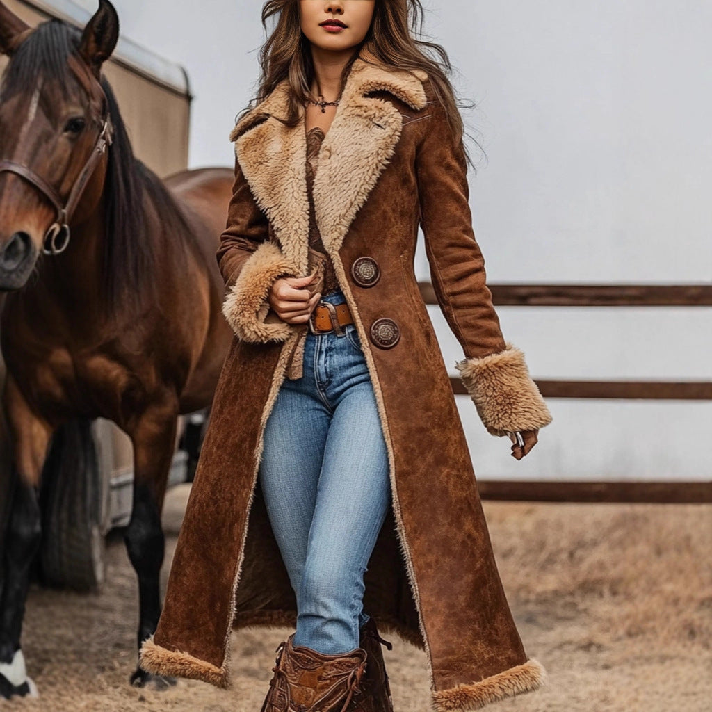 Damen Langer Veloursleder‑Look Mantel mit Lammfell‑Imitatfutter und dekorativer Doppelknopfleiste Drune