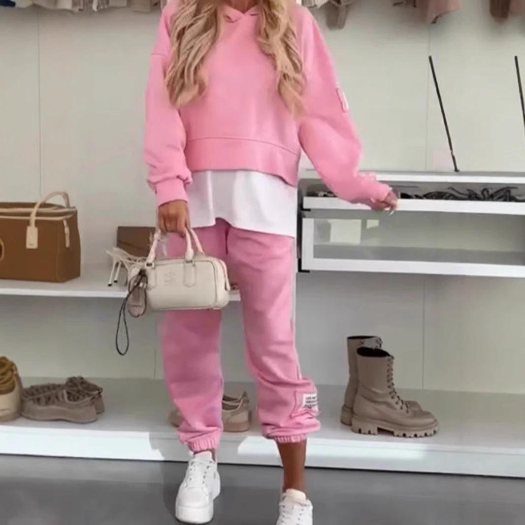 Damen nan kuscheliges kurzes Kapuzensweatshirt und Jogginghose-Set aus weicher Baumwollmischung Drune