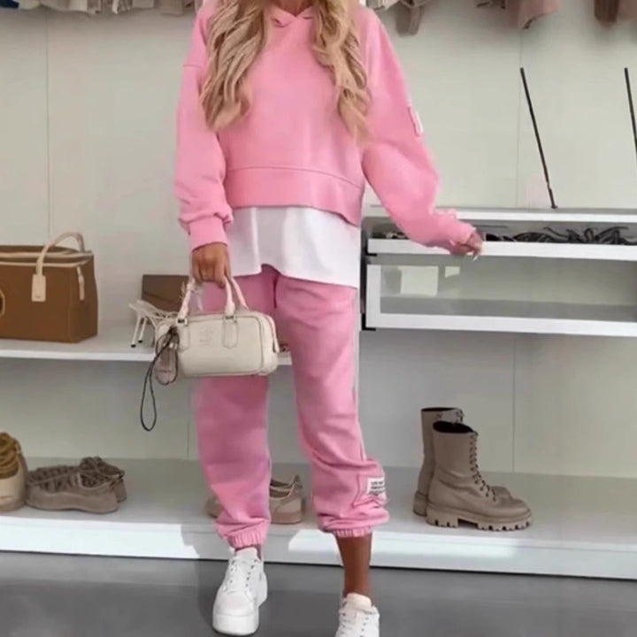 Damen nan kuscheliges kurzes Kapuzensweatshirt und Jogginghose-Set aus weicher Baumwollmischung Drune