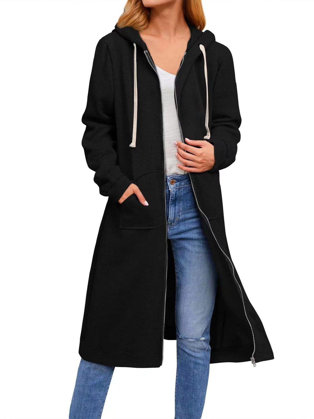 Damen lange Kapuzenjacke mit Reißverschluss und praktischen Taschen Drune