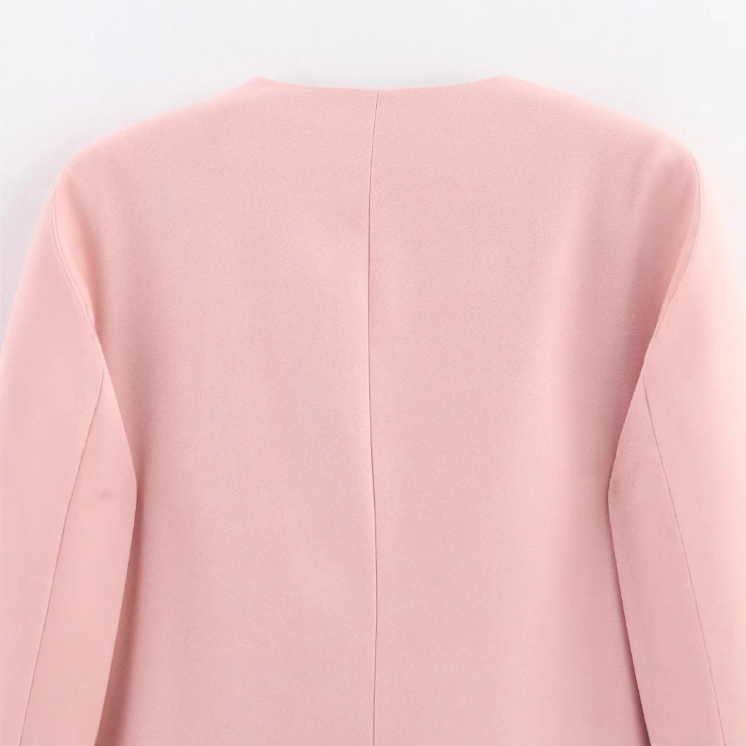Damen nan knopflose Longblazerjacke mit tiefem V-Ausschnitt taillierten Abnähern und Pattentaschen Drune
