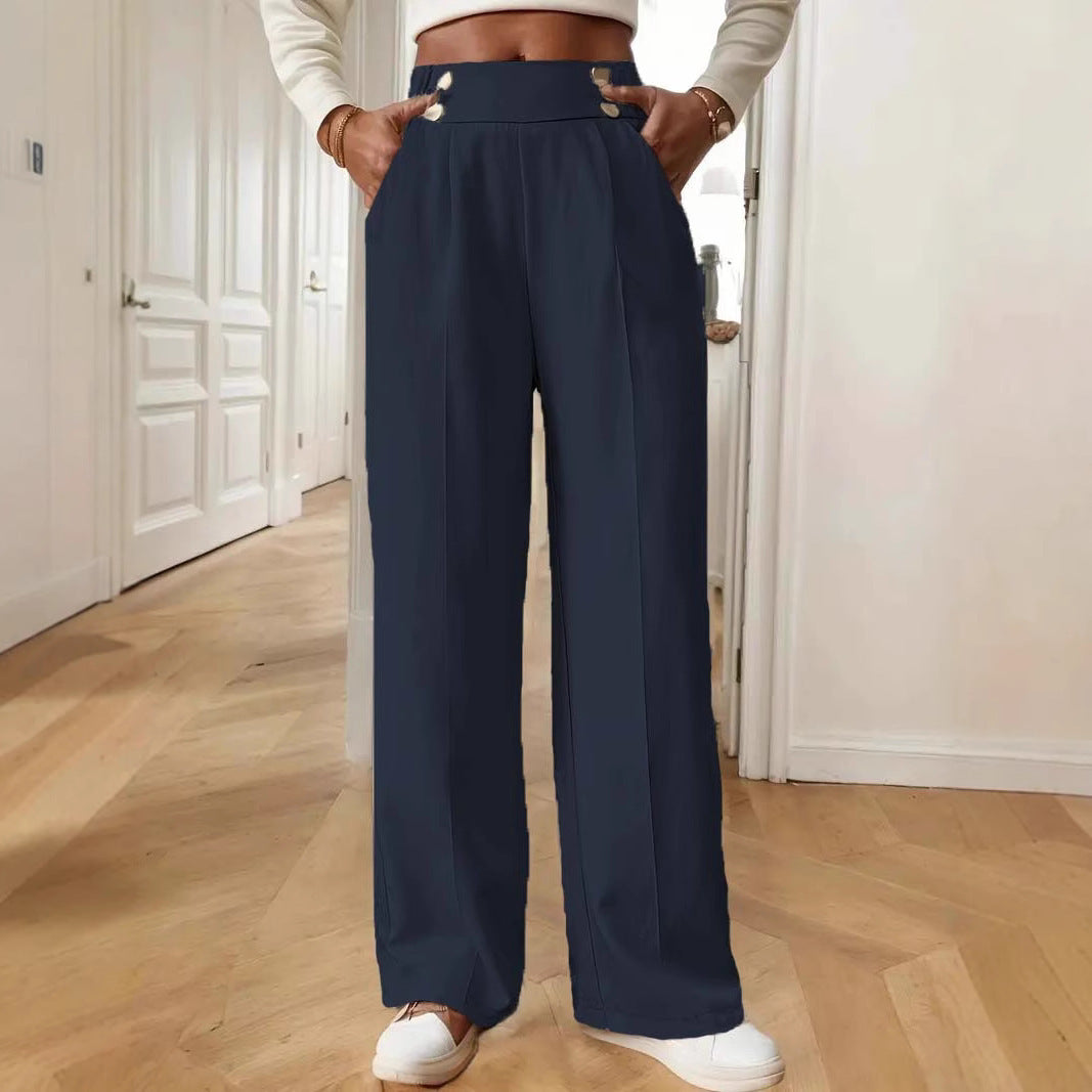 Damen Hochtaillierte Weite Palazzo‑Hose mit Bundknöpfen, Bügelfalte und Eingrifftaschen Drune