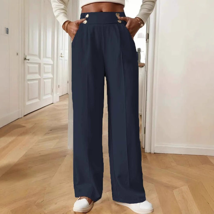 Damen Hochtaillierte Weite Palazzo‑Hose mit Bundknöpfen, Bügelfalte und Eingrifftaschen Drune