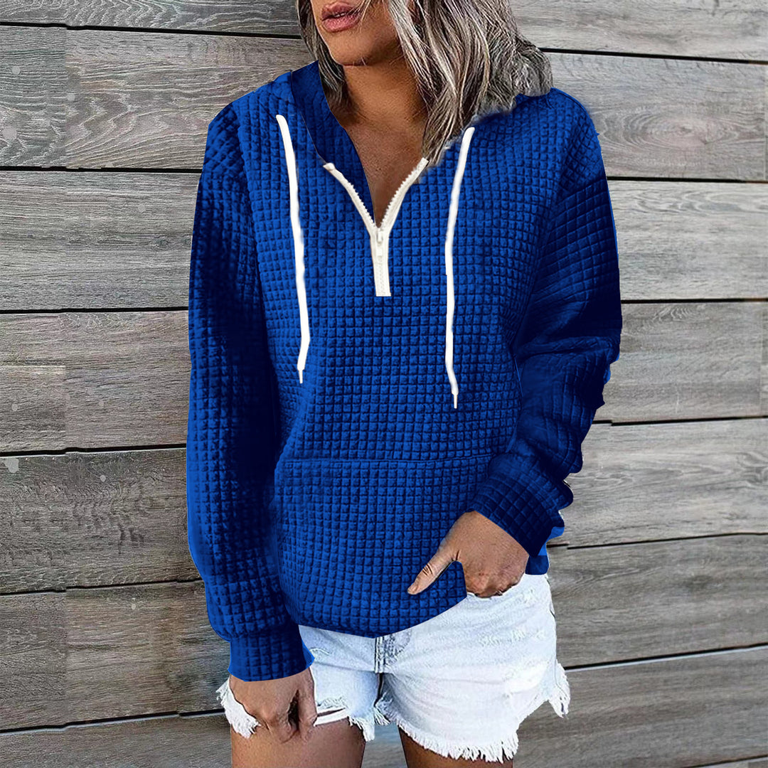 Damen Waffelstruktur Kapuzenpullover mit Halbzip, Kängurutasche und lässigem Oversize‑Schnitt Drune
