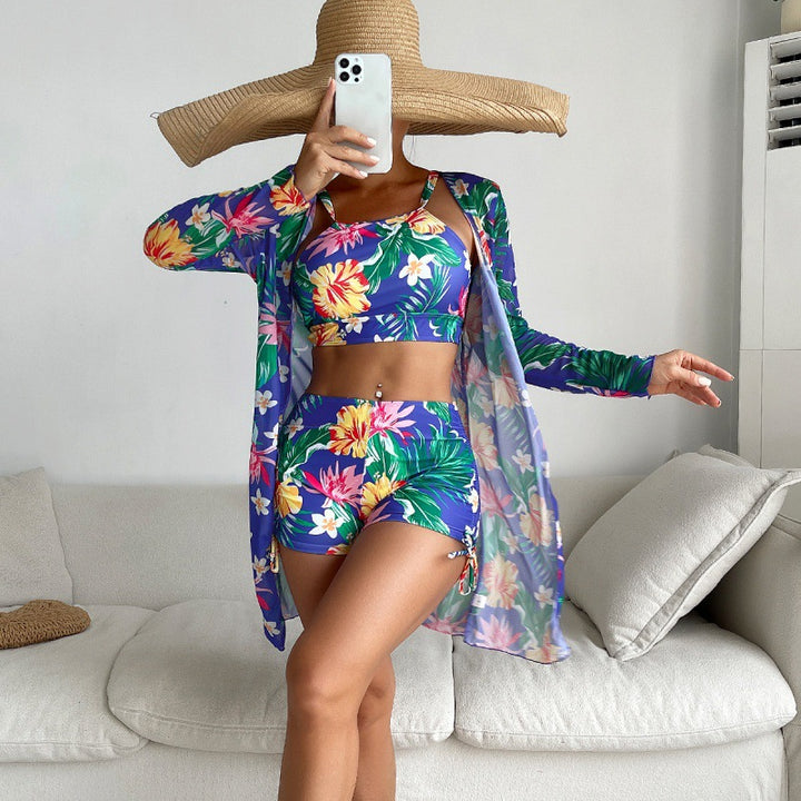 Damen Sport-Bikini-Set mit farbenfrohem Floralprint und lässiger Wickeljacke Drune
