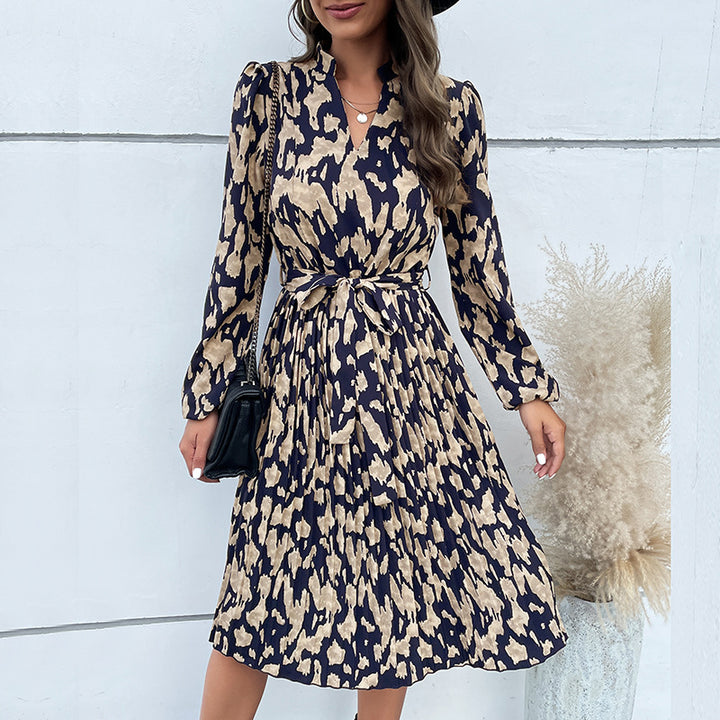 Damen elegantes Maxikleid mit Gürtel und raffiniertem Muster Drune
