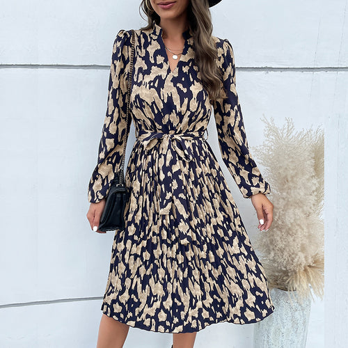 Damen elegantes Maxikleid mit Gürtel und raffiniertem Muster Drune