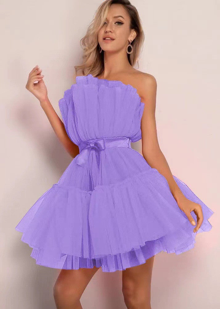 Damen Tüllkleid mit asymmetrischem Design und voluminösen Rüschen Drune