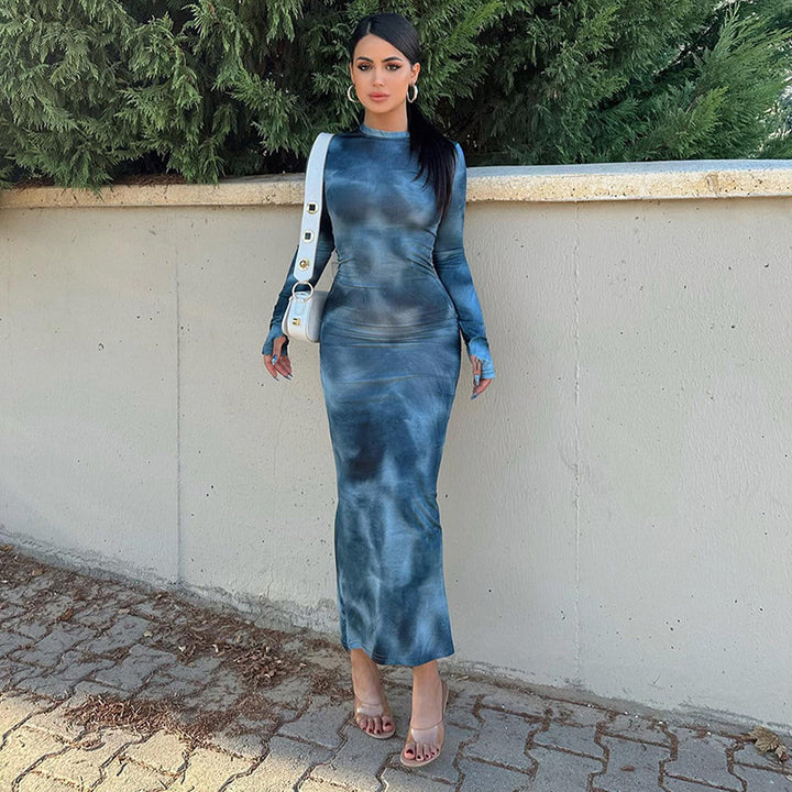 Damen Langarm Maxikleid mit modernem Batikmuster und figurschmeichelndem Schnitt Drune