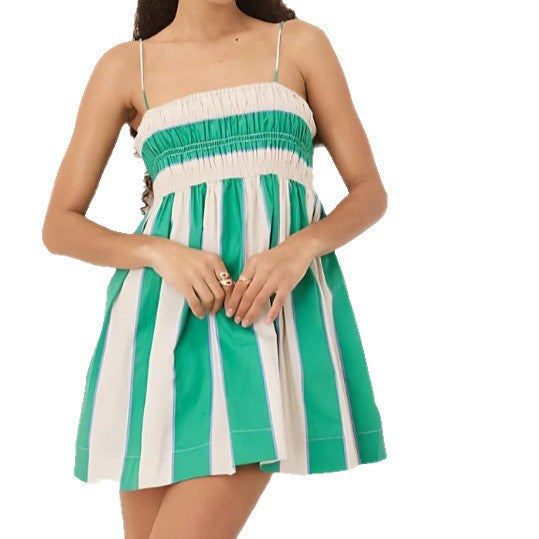 Damen nan kurzes Babydoll-Minikleid mit gesmoktem Bustier, feinen Spaghettiträgern und ausgestelltem A-Linien-Rock Drune