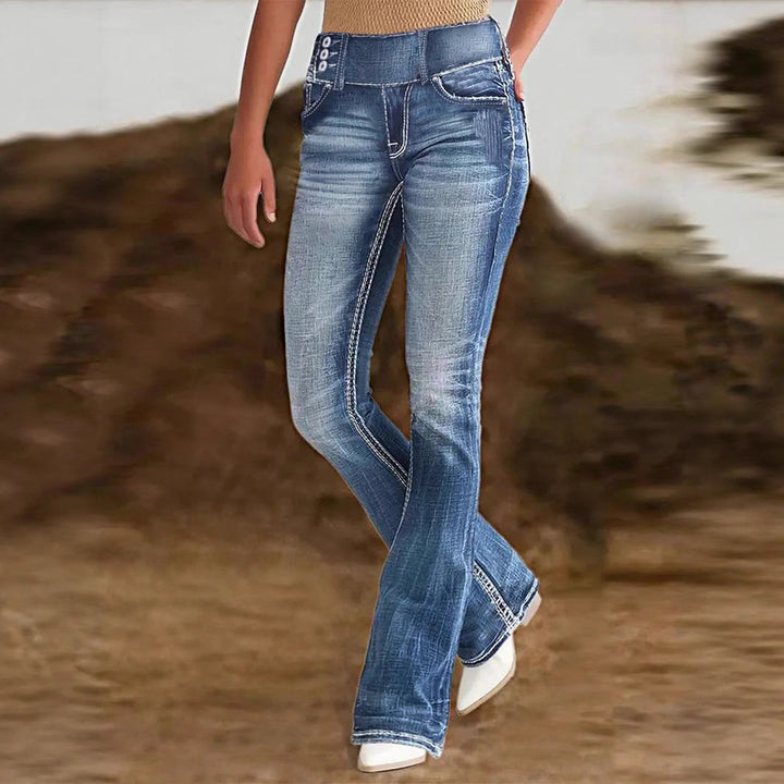 Damen hochtaillierte Flared-Jeans mit seitlicher Ziernaht und sculptendem Stretchbund Drune