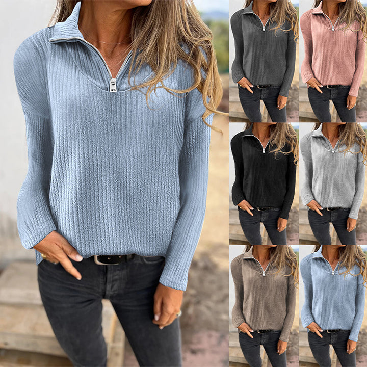 Damen Rippstrickpullover mit halbem Reißverschluss und Stehkragen Drune