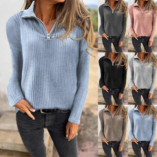 Damen Rippstrickpullover mit halbem Reißverschluss und Stehkragen Drune