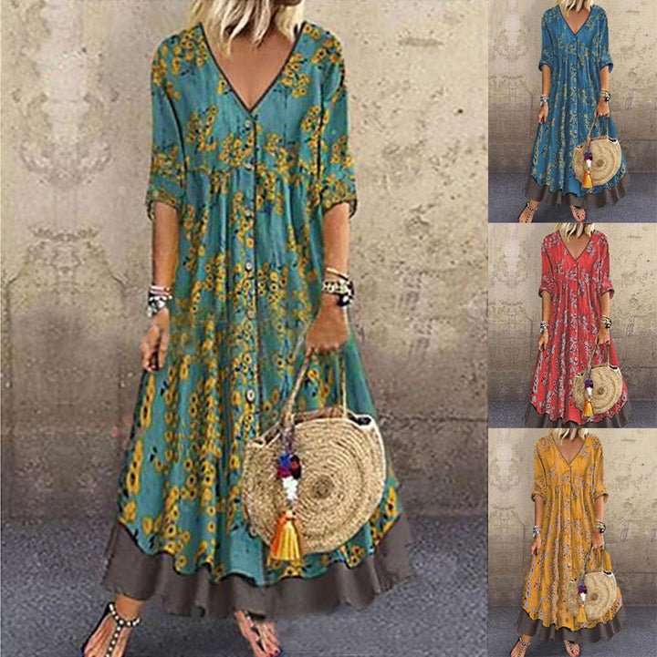 Damen Maxikleid im Boho‑Stil mit V‑Ausschnitt, durchgehender Knopfleiste und Stufenrock Drune