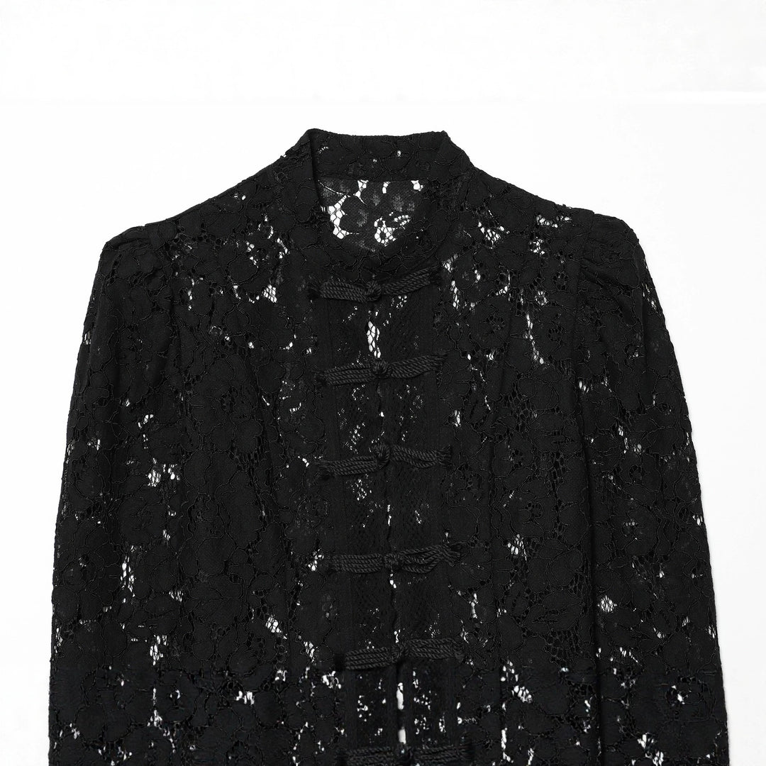 Damen nan elegante Spitzenjacke mit Stehkragen, dekorativen Kordelverschlüssen und cropped Silhouette Drune