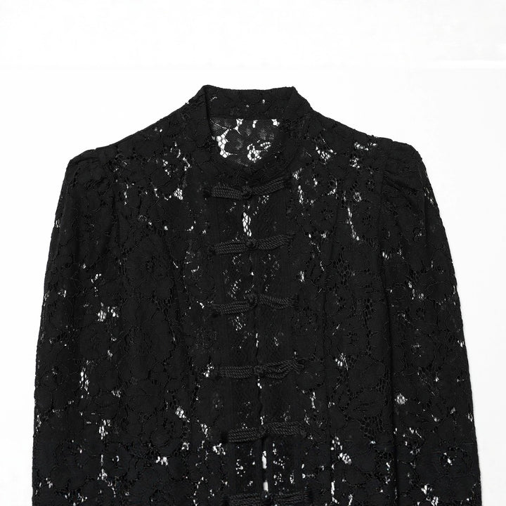 Damen nan elegante Spitzenjacke mit Stehkragen, dekorativen Kordelverschlüssen und cropped Silhouette Drune